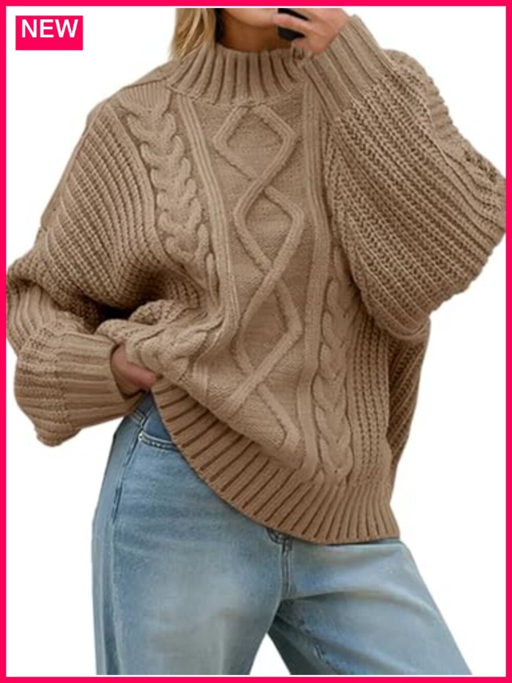 Oversized Cable Knit Turtleneck Button Up Chunky Pullover Sweater